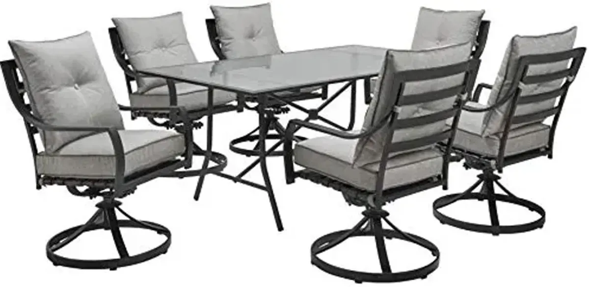 Hanover Lavallette 7-Piece Patio Dining Set, Modern Outdoor Dining Set for 6 with 2 Swivel Rockers, 4 Stationary Chairs, UV Protected Cushions and 66'' x 38'' Glass-Top Table, Weather Resistant