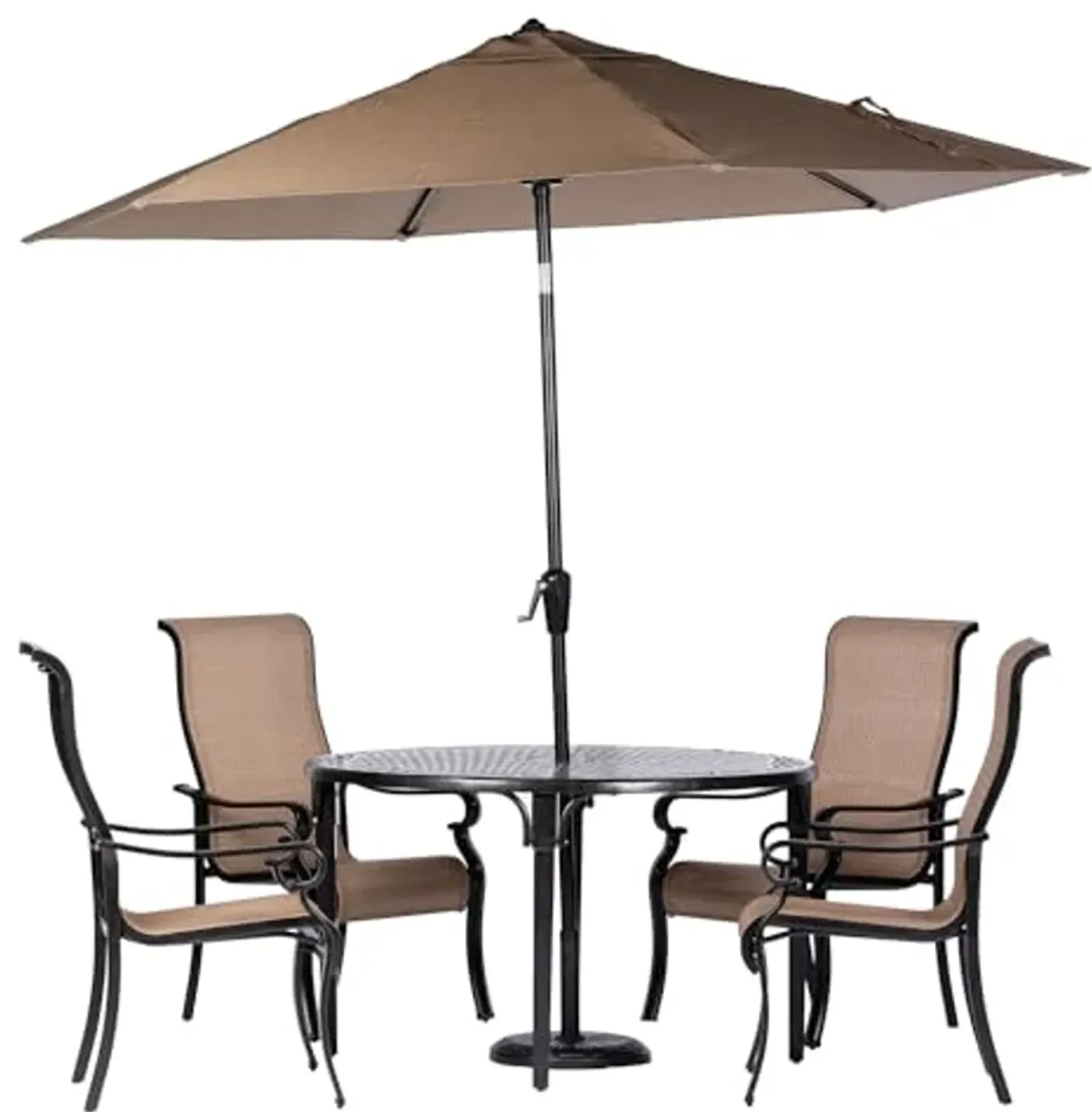 Hanover Brigantine 5-Piece Modern Outdoor Dining Set with 9 Ft. Umbrella, 4 Stackable Sling Chairs, 50'' Round Cast-Top Table, Weather, Rust, UV Resistant, Tan/Bronze