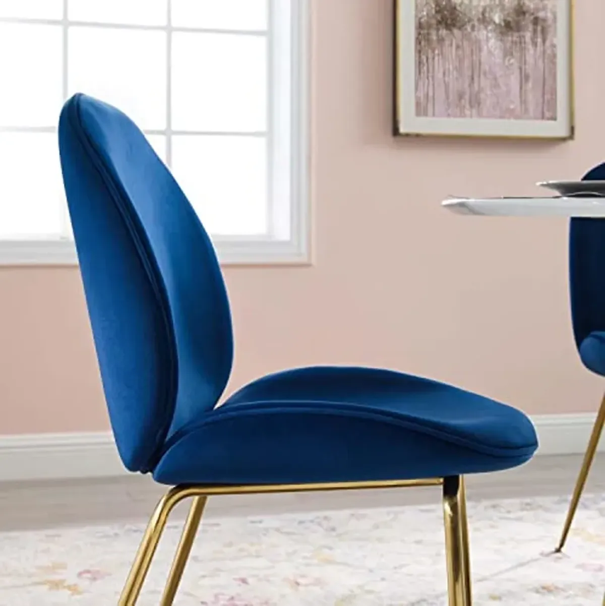 Modway Scoop Performance Velvet Dining Side Chair with Gold Stainless Steel Metal Base in Navy