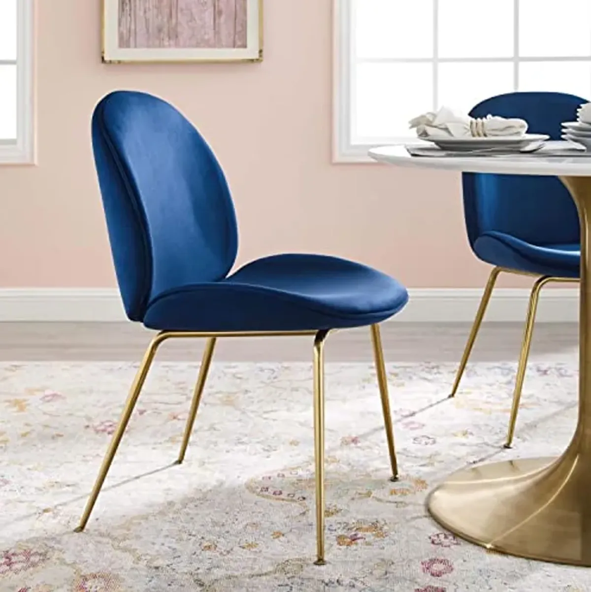 Modway Scoop Performance Velvet Dining Side Chair with Gold Stainless Steel Metal Base in Navy