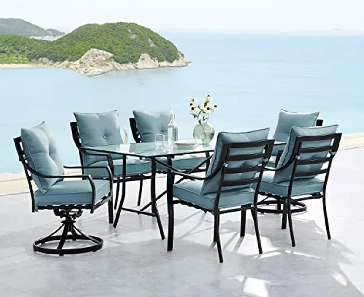 Hanover Lavallette 7-Piece Modern Outdoor Dining Set with 6 UV Protected Cushioned Swivel Rocker Chairs, 66'' x 38'' Glass-Top Table, and Weather Resistant Frames, in Ocean Blue