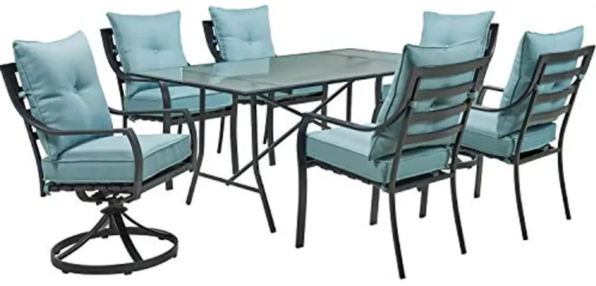 Hanover Lavallette 7-Piece Modern Outdoor Dining Set with 6 UV Protected Cushioned Swivel Rocker Chairs, 66'' x 38'' Glass-Top Table, and Weather Resistant Frames, in Ocean Blue