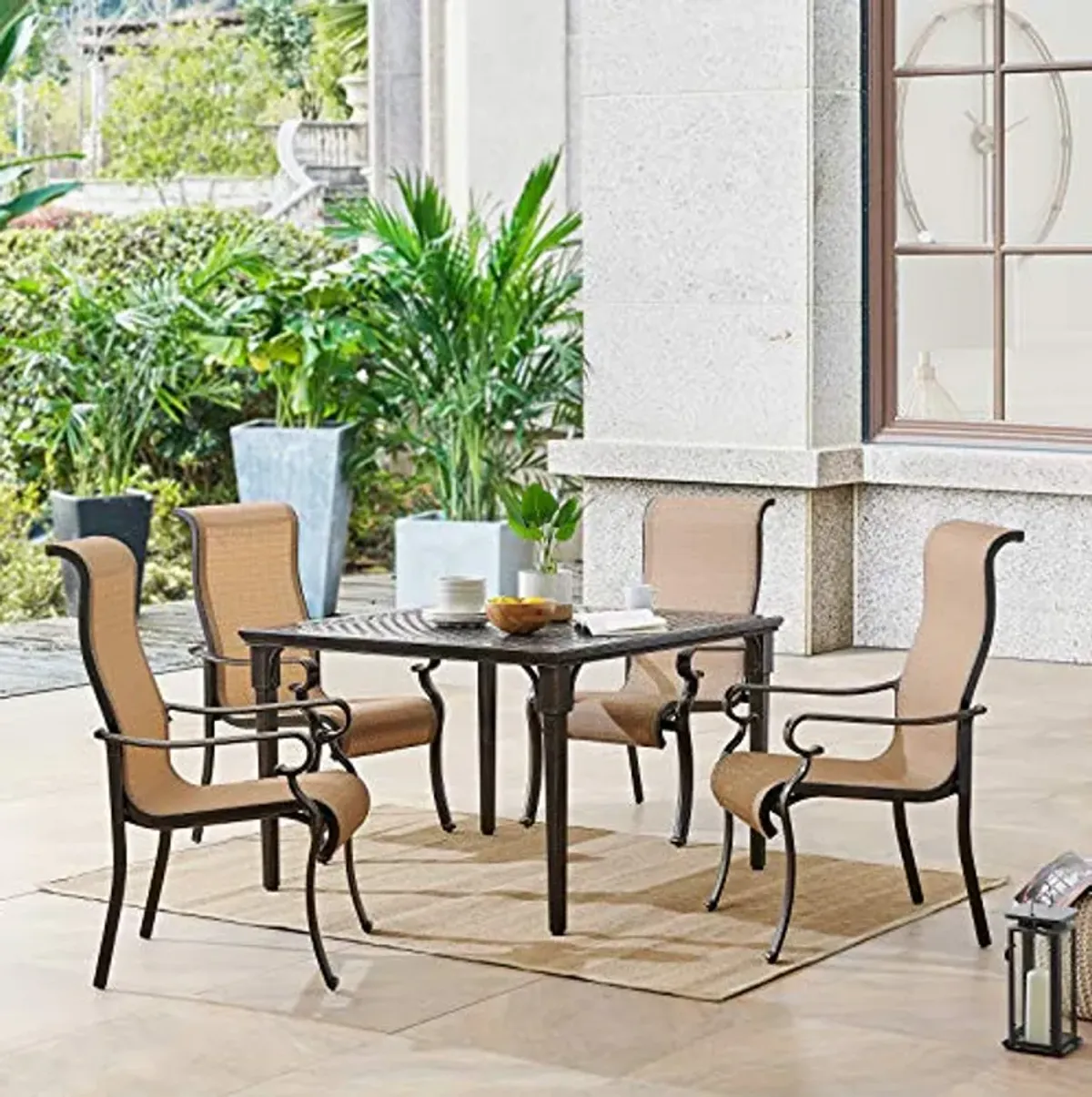 Hanover 5-Piece Brigantine Modern Outdoor Dining Set | 4 Contoured Stackable Sling Chairs | 42'' Square Cast-Top Table | Weather, Rust, UV Resistant | Tan/Bronze | BRIGDN5PCSQ