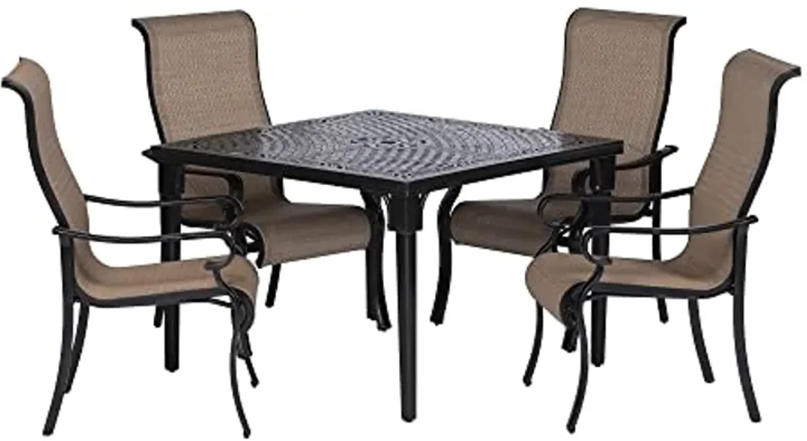 Hanover 5-Piece Brigantine Modern Outdoor Dining Set | 4 Contoured Stackable Sling Chairs | 42'' Square Cast-Top Table | Weather, Rust, UV Resistant | Tan/Bronze | BRIGDN5PCSQ