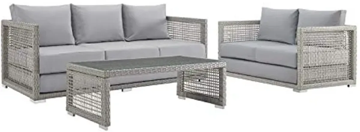 Modway Aura Outdoor Patio Wicker Rattan, Sofa, Loveseat and Coffee Table, Gray Gray