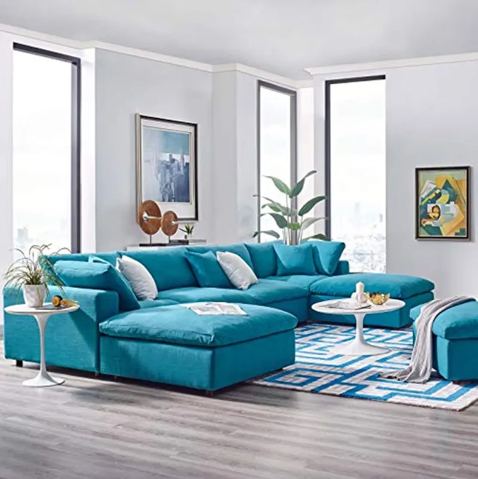 Modway Commix Down-Filled Overstuffed Upholstered 6-Piece Sectional Sofa Set in Teal