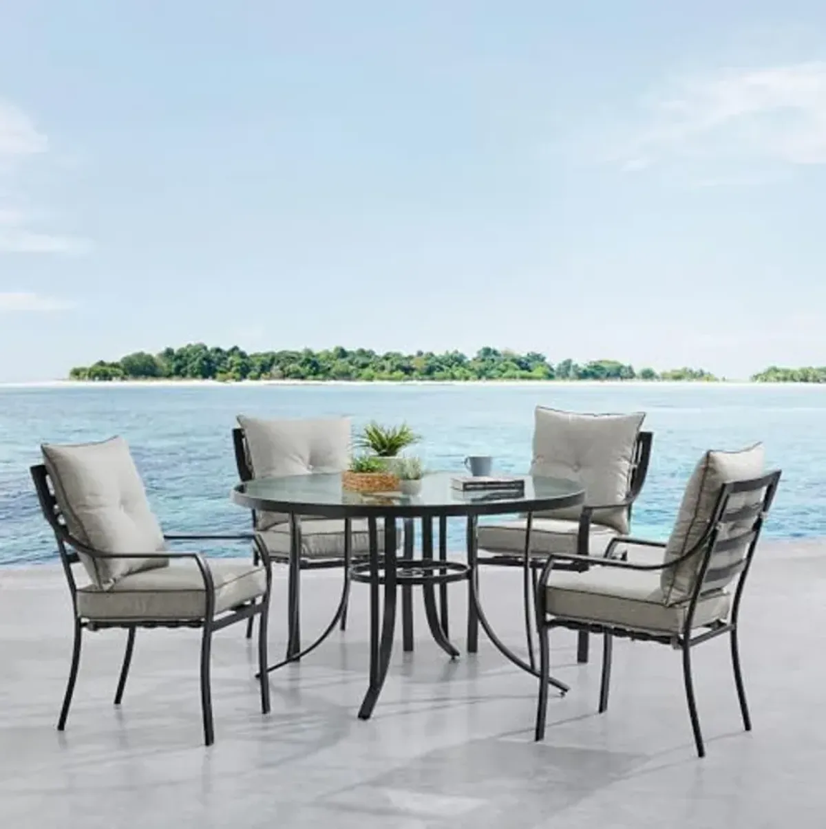 Hanover Lavallette 5-Piece Outdoor Dining Set for 4 with Counter-Height Swivel Chairs, UV Protected Cushions, 52'' Round Glass-Top Table, Silver Weather Resistant Patio Dining Set