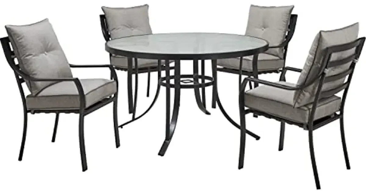 Hanover Lavallette 5-Piece Outdoor Dining Set for 4 with Counter-Height Swivel Chairs, UV Protected Cushions, 52'' Round Glass-Top Table, Silver Weather Resistant Patio Dining Set