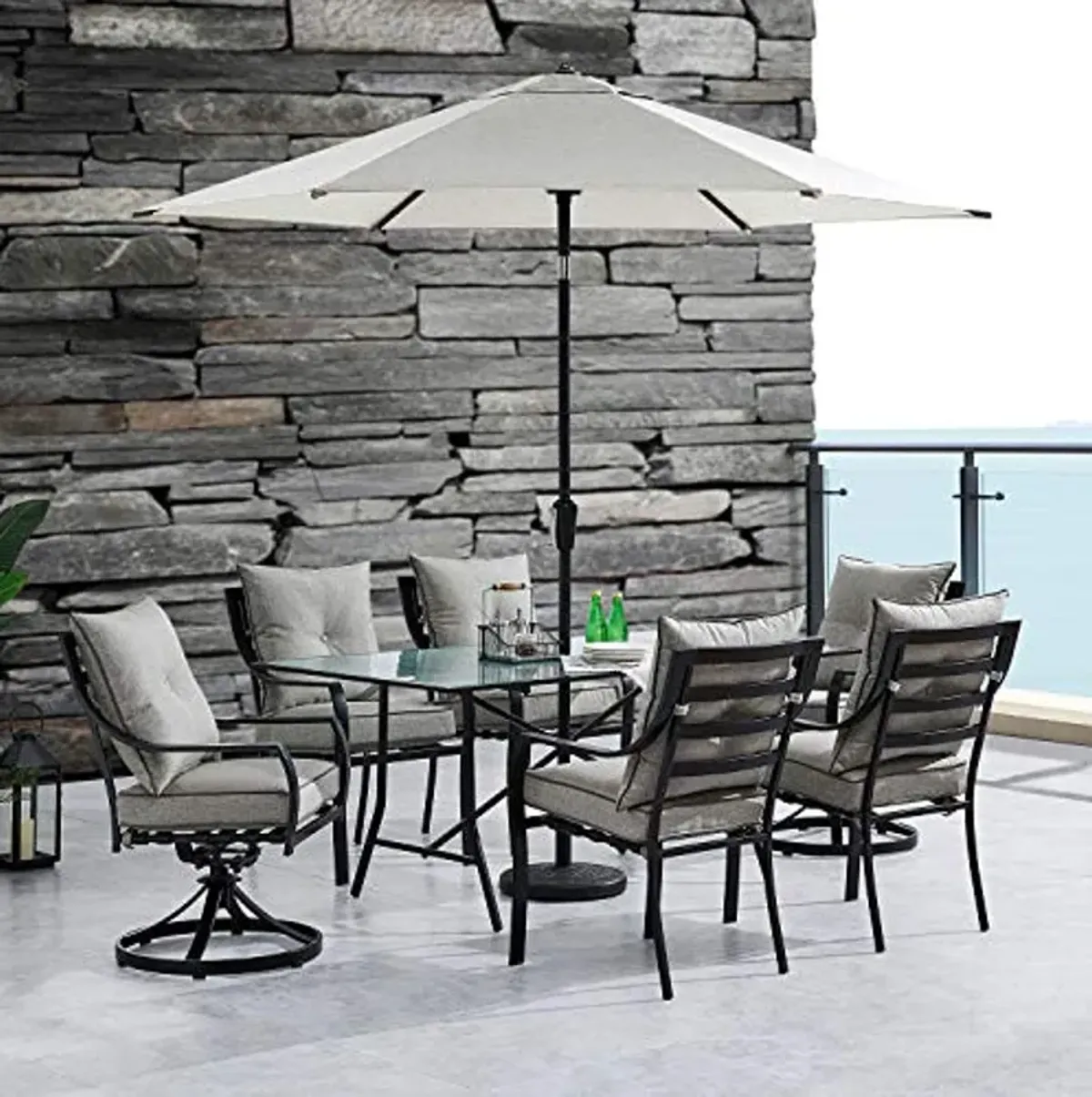 Hanover Lavallette 7-Piece Patio Dining Set, Modern Outdoor Dining Set with Umbrella, 6 Cushioned Swivel Rocker Chairs, 66'' x 38'' Glass-Top Table, Weather Resistant Frame, Silver