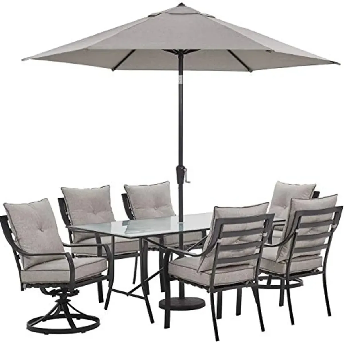 Hanover Lavallette 7-Piece Patio Dining Set, Modern Outdoor Dining Set with Umbrella, 6 Cushioned Swivel Rocker Chairs, 66'' x 38'' Glass-Top Table, Weather Resistant Frame, Silver