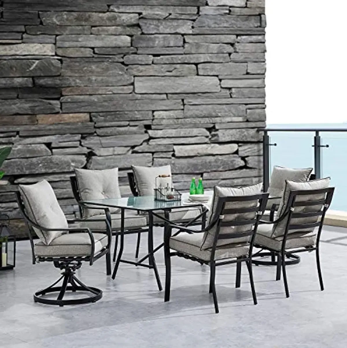 Hanover Lavallette 7-Piece Outdoor Dining Set, Modern Patio Dining Set for 6 with UV Protected Cushioned Swivel Rocker Chairs and 66'' x 38'' Glass-Top Table, Weather Resistant Frame, Silver