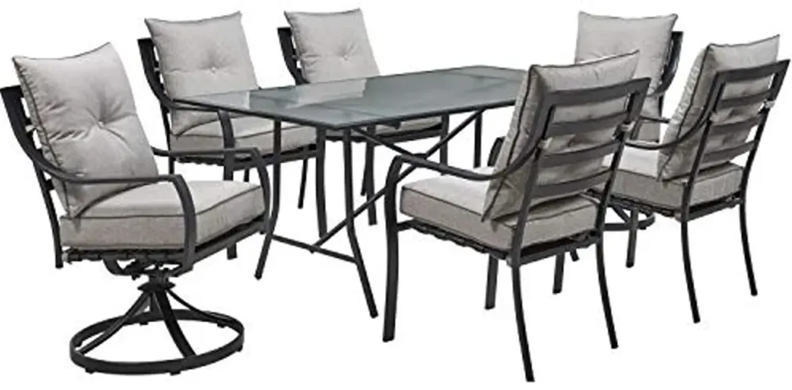 Hanover Lavallette 7-Piece Outdoor Dining Set, Modern Patio Dining Set for 6 with UV Protected Cushioned Swivel Rocker Chairs and 66'' x 38'' Glass-Top Table, Weather Resistant Frame, Silver