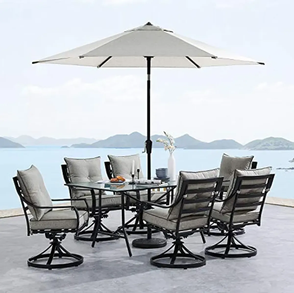 Hanover Lavallette 7-Piece Modern Dining, 2 Rockers, 4 Stationary Chairs, Silver Cushions, and 66'' x 38'' Glass-Top Table, Weather and UV Resistant Outdoor Patio Set, 7PC Swivel W/Umbrella