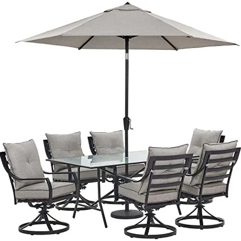 Hanover Lavallette 7-Piece Modern Outdoor Dining Set with Umbrella, 2 Swivel Rockers, 4 Stationary Chairs, Silver Cushions, and 66'' x 38'' Glass-Top Table, Weather and UV Resistant Outdoor Patio Set