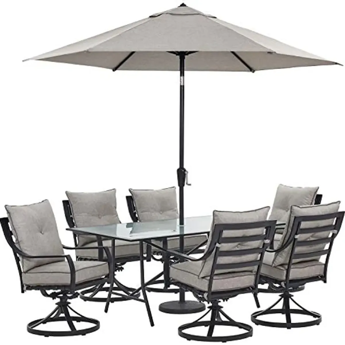 Hanover Lavallette 7-Piece Modern Dining, 2 Rockers, 4 Stationary Chairs, Silver Cushions, and 66'' x 38'' Glass-Top Table, Weather and UV Resistant Outdoor Patio Set, 7PC Swivel W/Umbrella