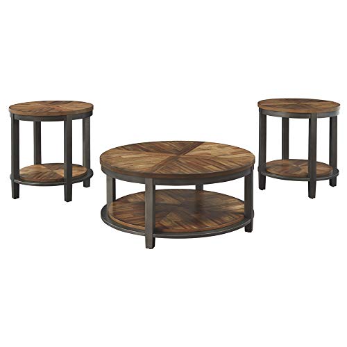 Signature Design by Ashley Roybeck Rustic Round 3-Piece Table Set, Includes 1 Coffee Table and 2 End Tables with Fixed Shelf, Light Brown
