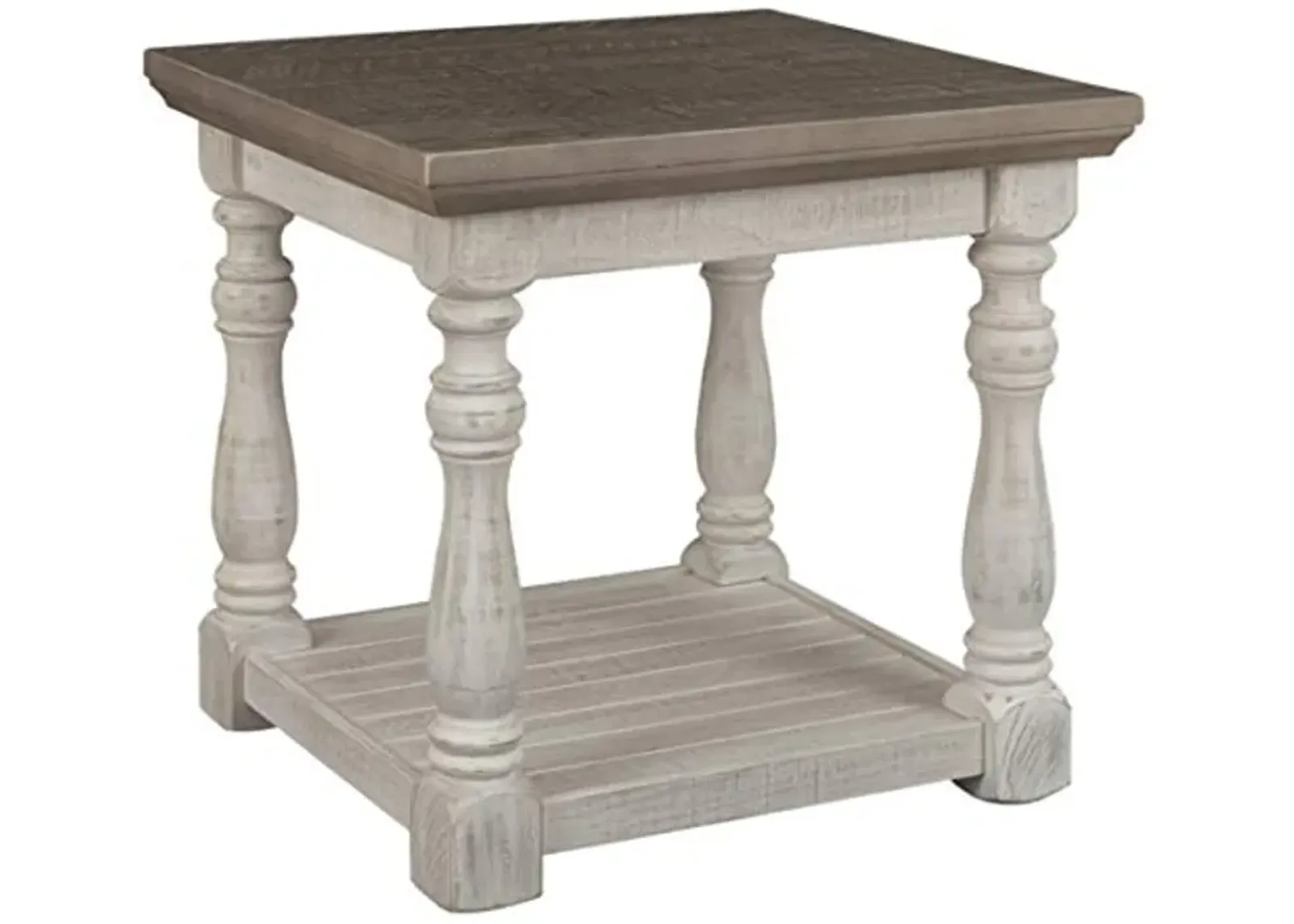 Signature Design by Ashley Havalance Farmhouse Square End Table with Floor Shelf, Vintage Gray & White with Weathered Finish