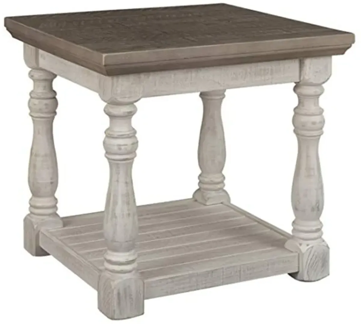 Signature Design by Ashley Havalance Farmhouse Square End Table with Floor Shelf, Vintage Gray & White with Weathered Finish