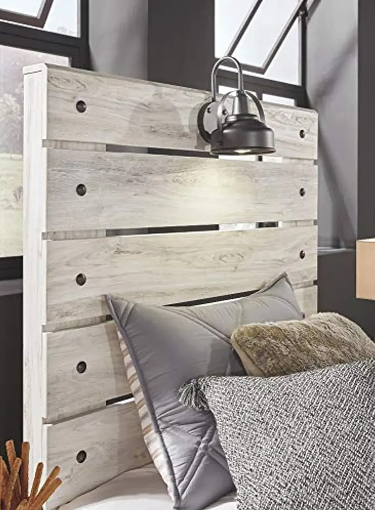 Signature Design by Ashley Cambeck Farmhouse Panel Headboard ONLY with USB Charging Stations, Twin, Whitewash