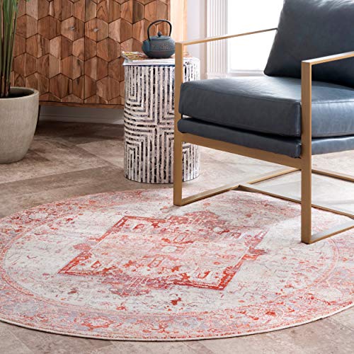 nuLOOM Harriet Vintage Medallion Fringe Area Rug, 5' Round, Red