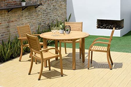 Amazonia Arizona 5 Piece Round Eucalyptus Patio Dining Set | Teak Finish and Stackable Chairs| Durable for Outdoors