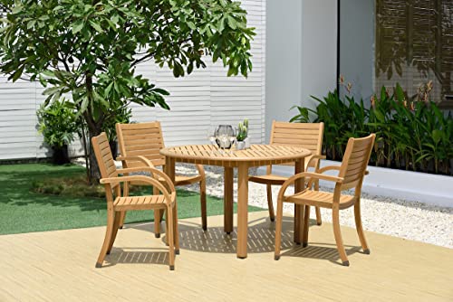 Amazonia Arizona 5 Piece Round Eucalyptus Patio Dining Set | Teak Finish and Stackable Chairs| Durable for Outdoors