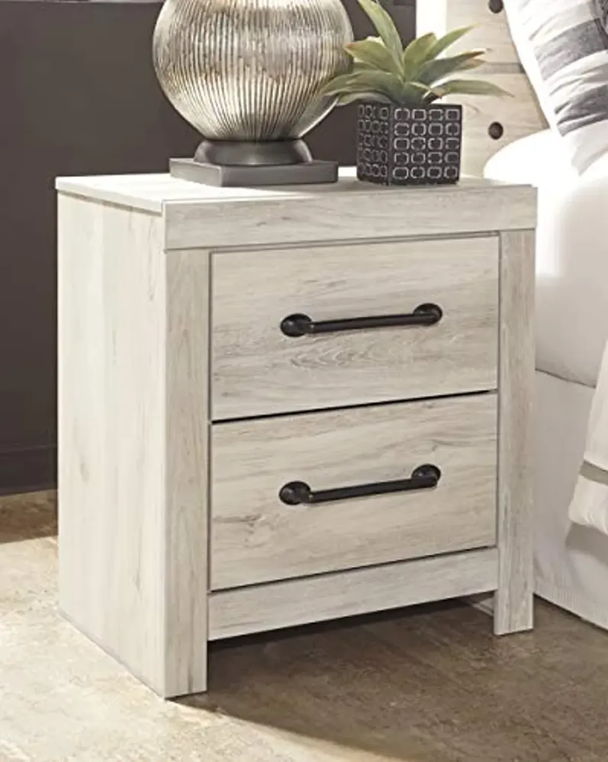 Signature Design by Ashley Cambeck Farmhouse Industrial 2 Drawer Two Drawer Nightstand with 2 Slim-Profile USB Charging Stations, 24.37" Tall, Whitewash