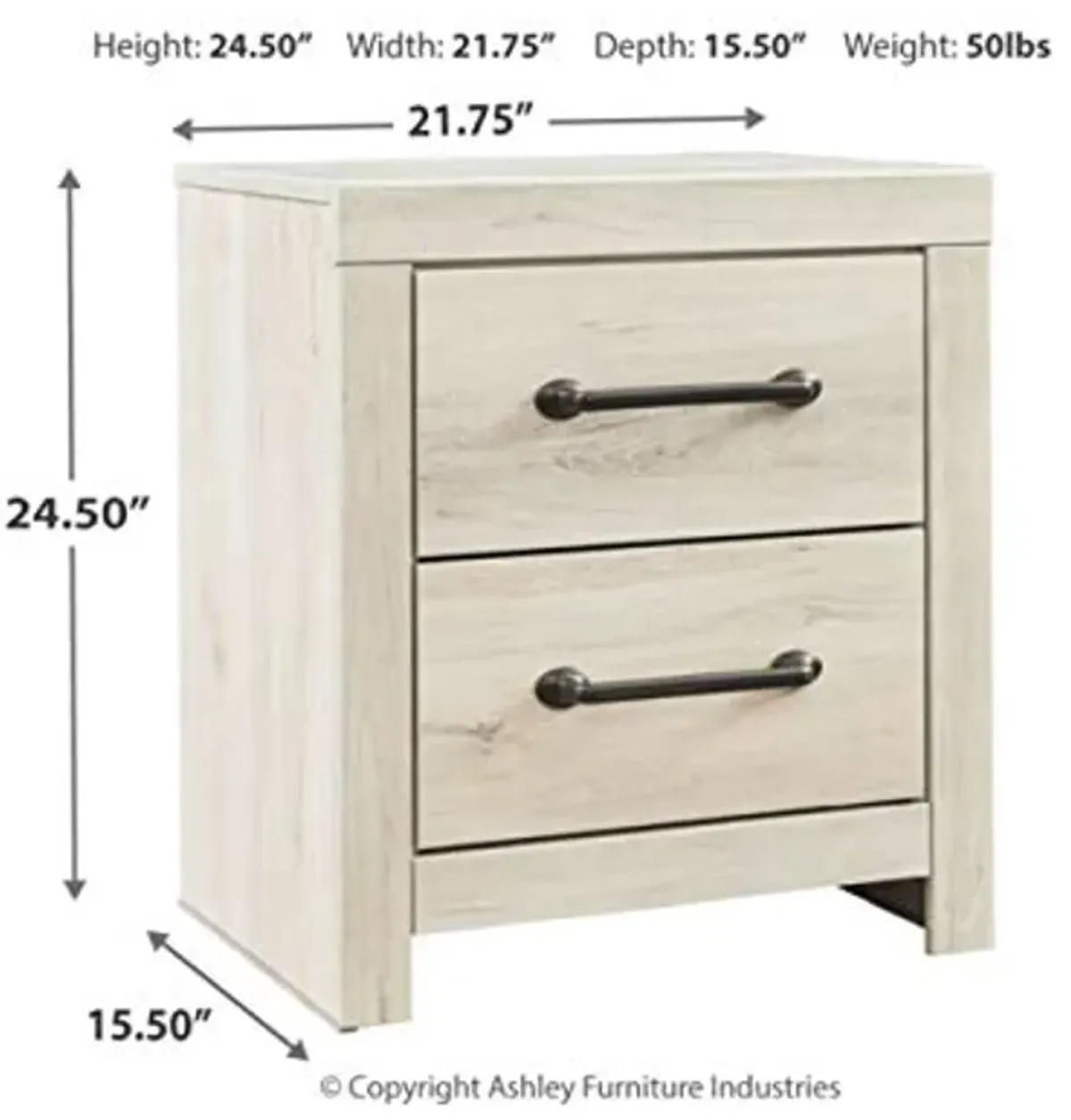 Signature Design by Ashley Cambeck Farmhouse Industrial 2 Drawer Two Drawer Nightstand with 2 Slim-Profile USB Charging Stations, 24.37" Tall, Whitewash