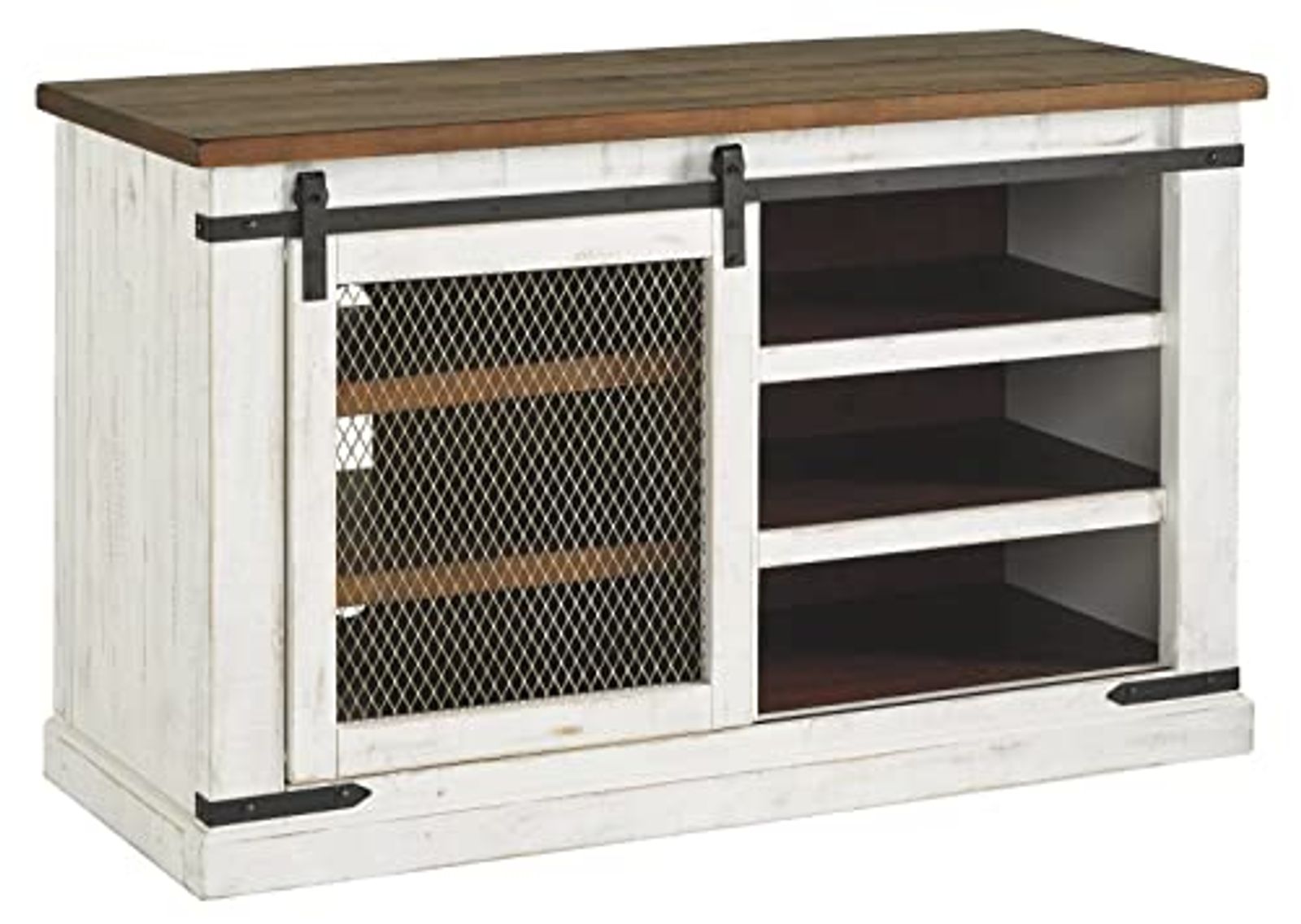 Signature Design by Ashley Wystfield Farmhouse TV Stand Fits TVs up to 48", Sliding Barn Door and 4 Storage Shelves, White & Brown with Distressed Finish