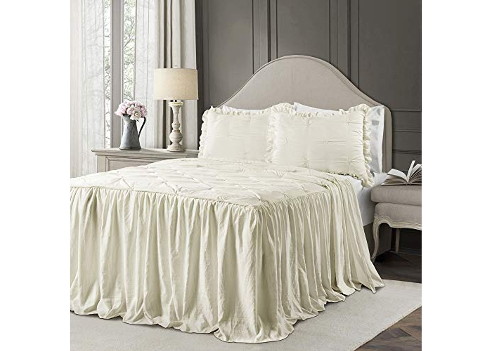 Lush Decor Ravello Pintuck Ruffle Skirt Bedspread Vintage Chic Farmhouse Style Lightweight 3 Piece Set, Queen, Ivory