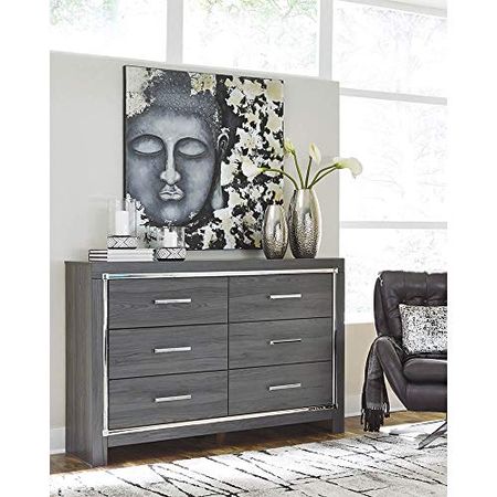 Signature Design by Ashley Lodanna Modern Glam 6 Drawer Dresser with Faceted Chrome Accents, Gray Wood Grain