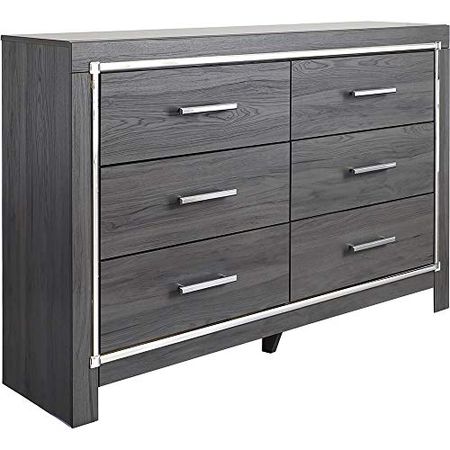 Signature Design by Ashley Lodanna Modern Glam 6 Drawer Dresser with Faceted Chrome Accents, Gray Wood Grain