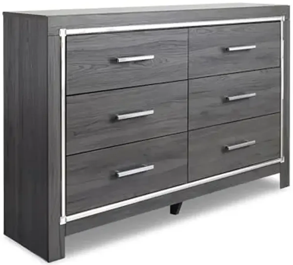 Signature Design by Ashley Lodanna Modern Glam 6 Drawer Dresser with Faceted Chrome Accents, Gray Wood Grain