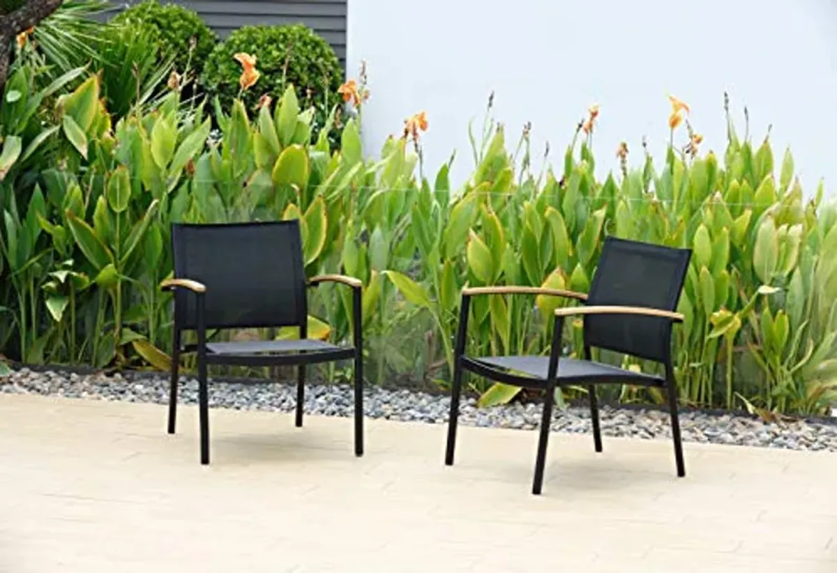 Amazonia Deland 3 Piece Patio Bistro Set | Teak Finish Side Table and Sling Black Chairs| Durable and Quick Dry