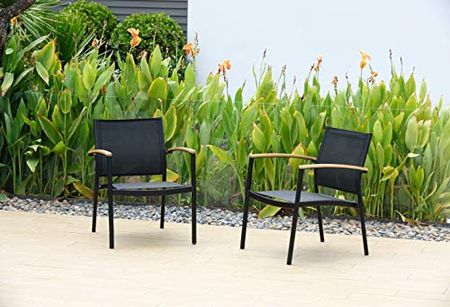 Amazonia Deland 3 Piece Patio Bistro Set | Teak Finish Side Table and Sling Black Chairs| Durable and Quick Dry