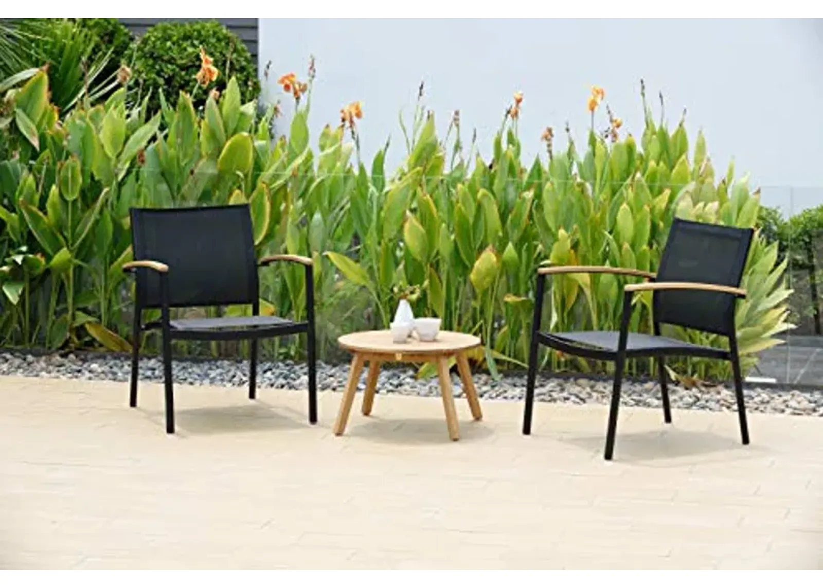 Amazonia Deland 3 Piece Patio Bistro Set | Teak Finish Side Table and Sling Black Chairs| Durable and Quick Dry