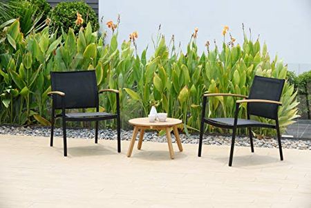 Amazonia Deland 3 Piece Patio Bistro Set | Teak Finish Side Table and Sling Black Chairs| Durable and Quick Dry