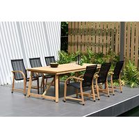 Amazonia Deluxe 7 Piece Patio Dining Set |100% Table and Sling Black Water Resistant Chairs| Ideal for Outdoors, Rectangular, Certified Teak