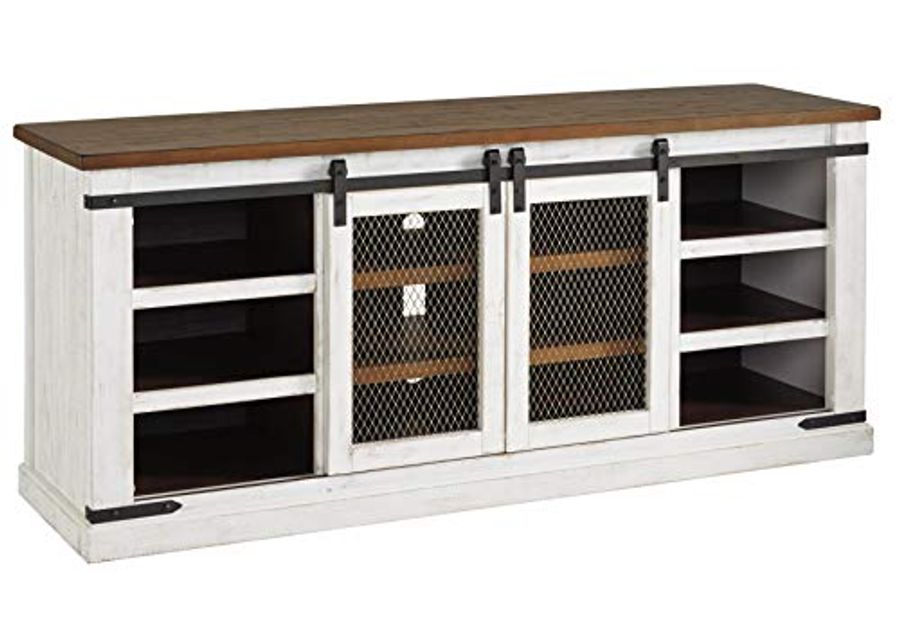 Signature Design by Ashley Wystfield Farmhouse TV Stand Fits TVs up to 68", 2 Sliding Barn Doors and 6 Storage Shelves, White & Brown with Distressed Finish