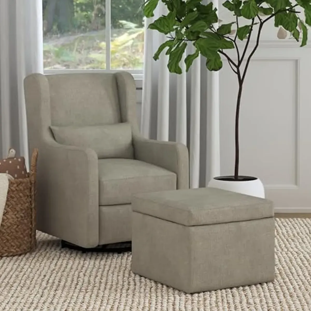 Carter's by DaVinci Adrian Swivel Glider with Storage Ottoman Performance Grey Linen, Water Repellent and Stain Resistant Fabric, Greenguard Gold & CertiPUR-US Certified