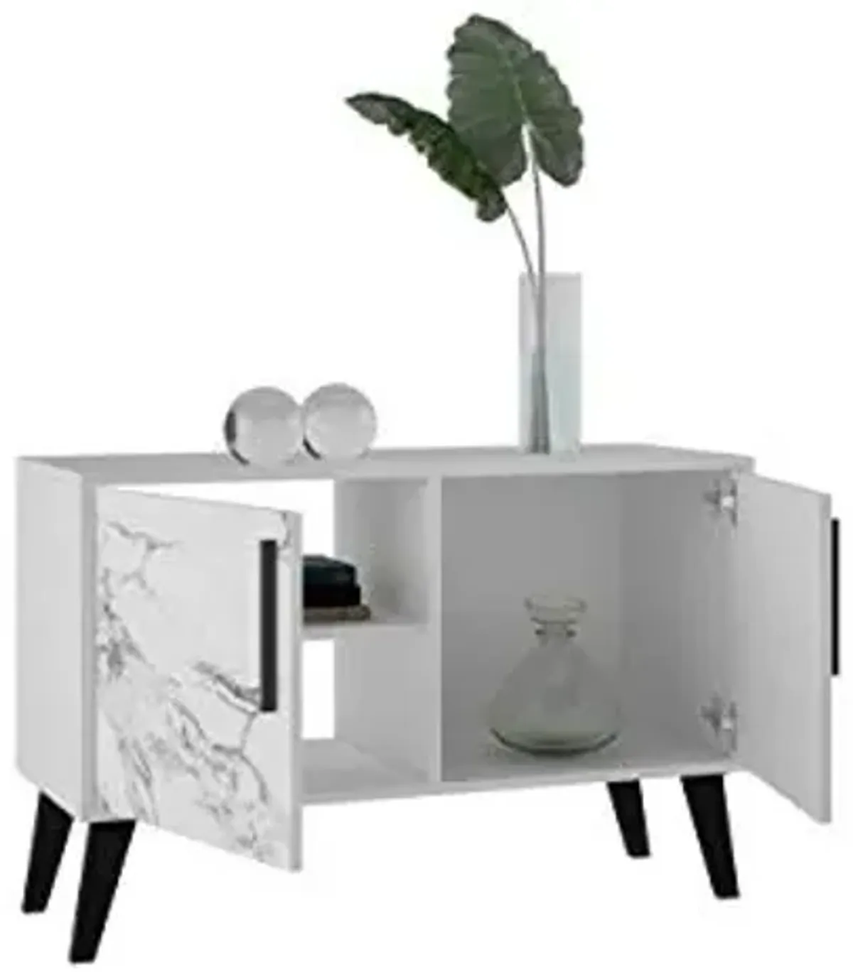 Manhattan Comfort Amsterdam Double Door Side Table with 3 Shelves, 35.43" Wide Storage Cabinet or TV Stand, Mid Century Modern Accent Furniture, , White Marble