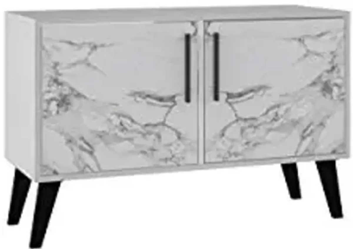 Manhattan Comfort Amsterdam Double Door Side Table with 3 Shelves, 35.43" Wide Storage Cabinet or TV Stand, Mid Century Modern Accent Furniture, , White Marble