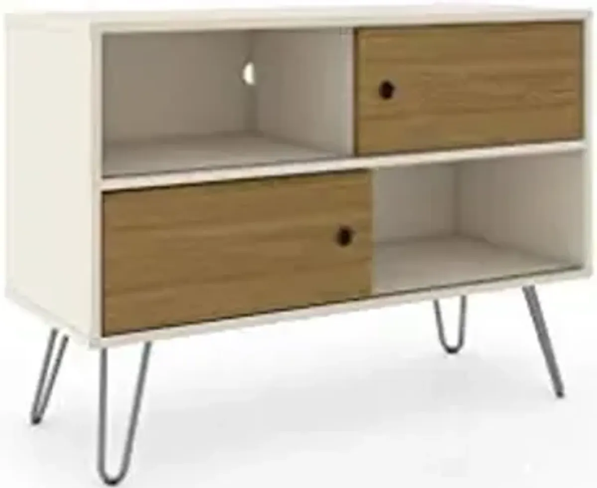 Manhattan Comfort Baxter 35" Mid Century TV Stand for Bedroom and Living Room Use, Entertainment Center with Storage, Shelves and Sliding doors, Ideal for 32 to 40 Inch Screens, Off White/Cinnamon