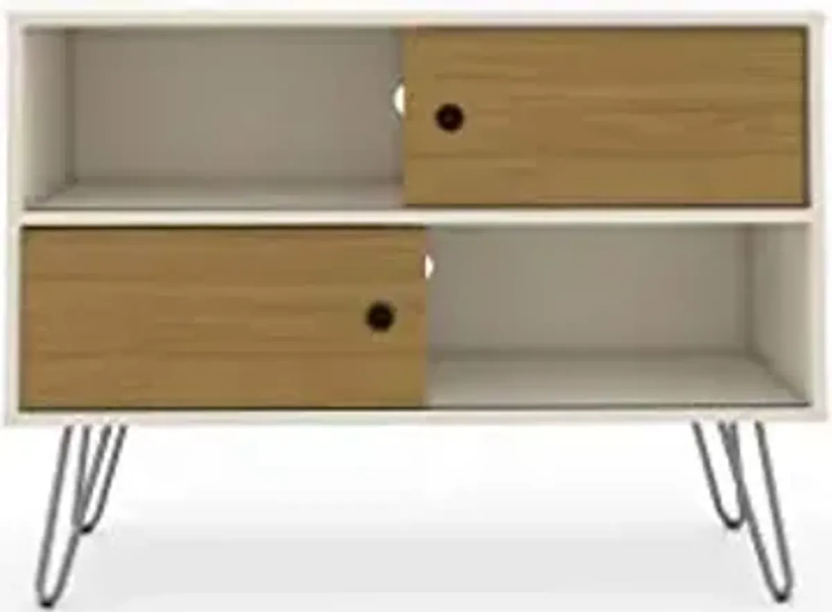 Manhattan Comfort Baxter 35" Mid Century TV Stand for Bedroom and Living Room Use, Entertainment Center with Storage, Shelves and Sliding doors, Ideal for 32 to 40 Inch Screens, Off White/Cinnamon