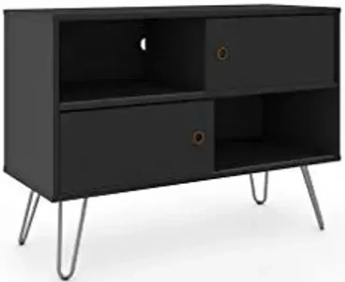 Manhattan Comfort Baxter 35" Mid Century TV Stand for Bedroom and Living Room Use, Entertainment Center with Storage, Shelves and Sliding doors, Ideal for 32 to 40 Inch Screens, Black