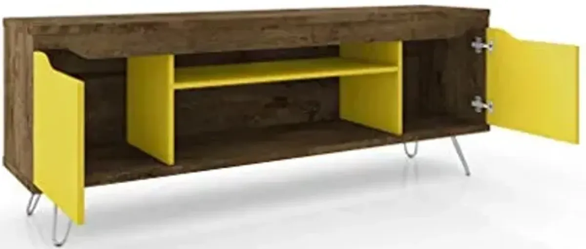 Manhattan Comfort Baxter 63" Mid Century TV Stand for Bedroom and Living Room Use, Entertainment Center with Storage and Shelves, Ideal for 46 to 60 Inch Screens, Rustic Brown/Yellow