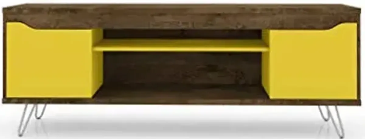 Manhattan Comfort Baxter 63" Mid Century TV Stand for Bedroom and Living Room Use, Entertainment Center with Storage and Shelves, Ideal for 46 to 60 Inch Screens, Rustic Brown/Yellow