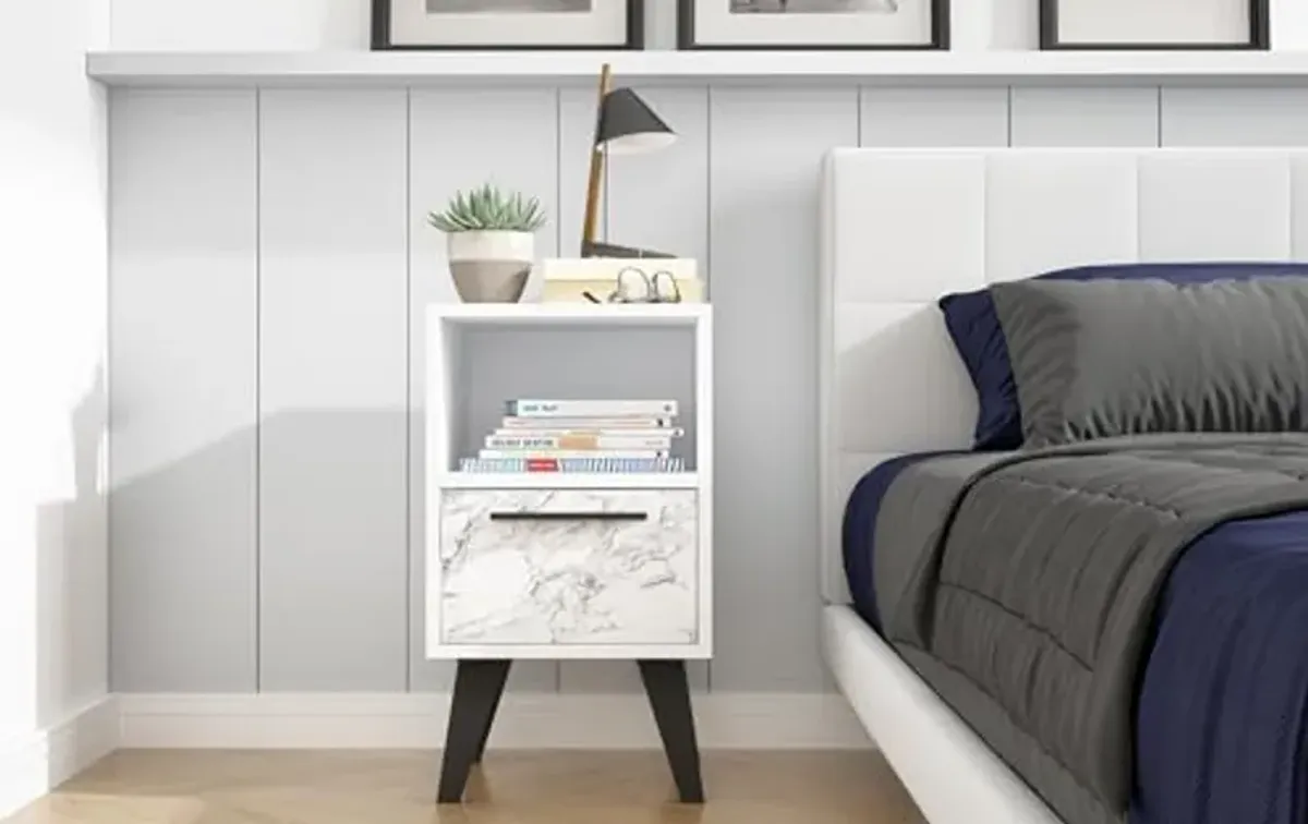 Manhattan Comfort Amsterdam Ultra Modern 1 Drawer Bedroom Nightstand, White Marble