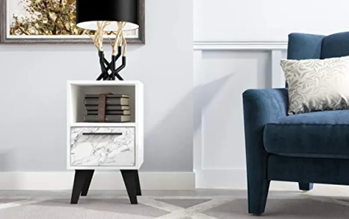 Manhattan Comfort Amsterdam Ultra Modern 1 Drawer Bedroom Nightstand, White Marble