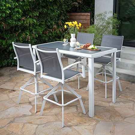 Hanover Naples 5-Piece Outdoor High-Dining Set with Sleek Glass Top Patio Table and 4 Swivel Bar Height Chair, White